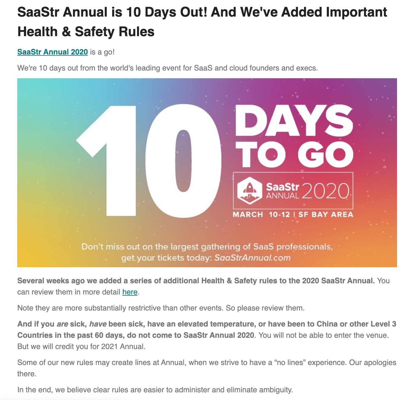 returning to in-person events safely - saastr message
